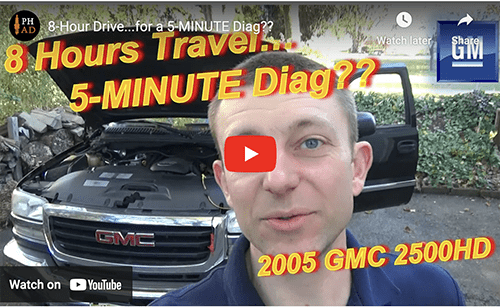 Screen shot of a YouTube video that shows Ivan, a car, and the works, "8 hours travel ... 5-minute diag? mm2005 GMC 2500HD"