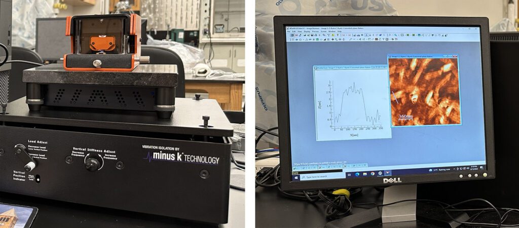 On left, an Naio atomic force microscope sits on a black box which is a vibrational isolator. On the right, a  computer screen shows an image of highly magnified carbon nantubes and a graph.