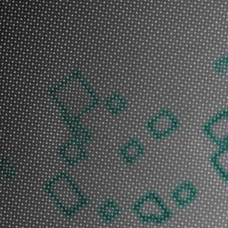 Image from an electron microscope containing a gradient composed of dots superimposed by green squares.
