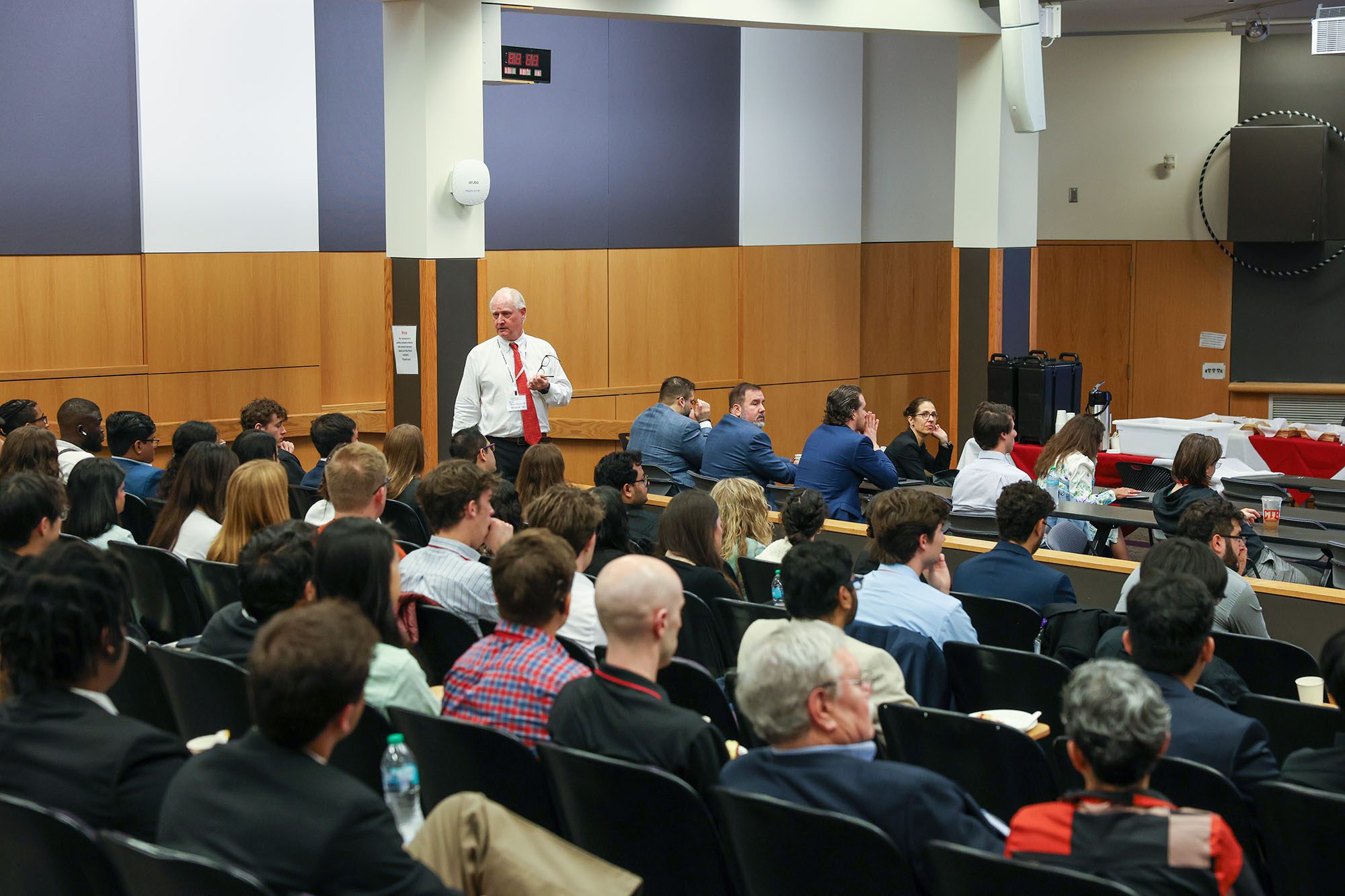 Bob Boehringer presents keynote lecture at front of Duffield Hall auditorium to a room full of MEng students at Industry Day 2025