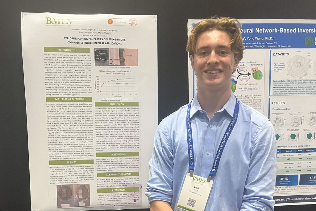 Ithaca High School junior Imri Wolf stands in front of his poster.