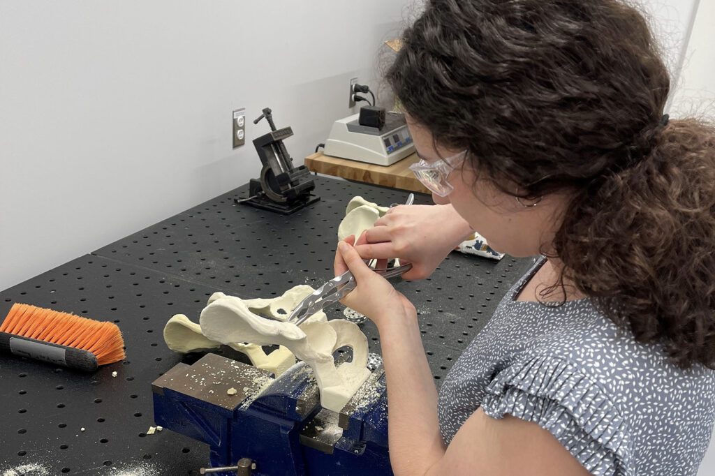 Emma Weiss working with a model hip bone complex at Stryker