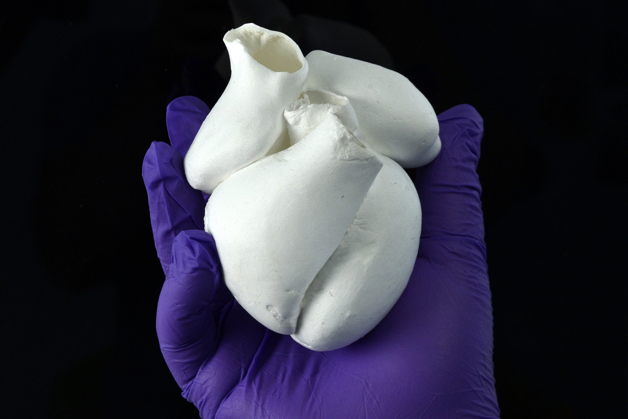 Full-scale four-chambered human heart model composed of single-micrometer fibers.