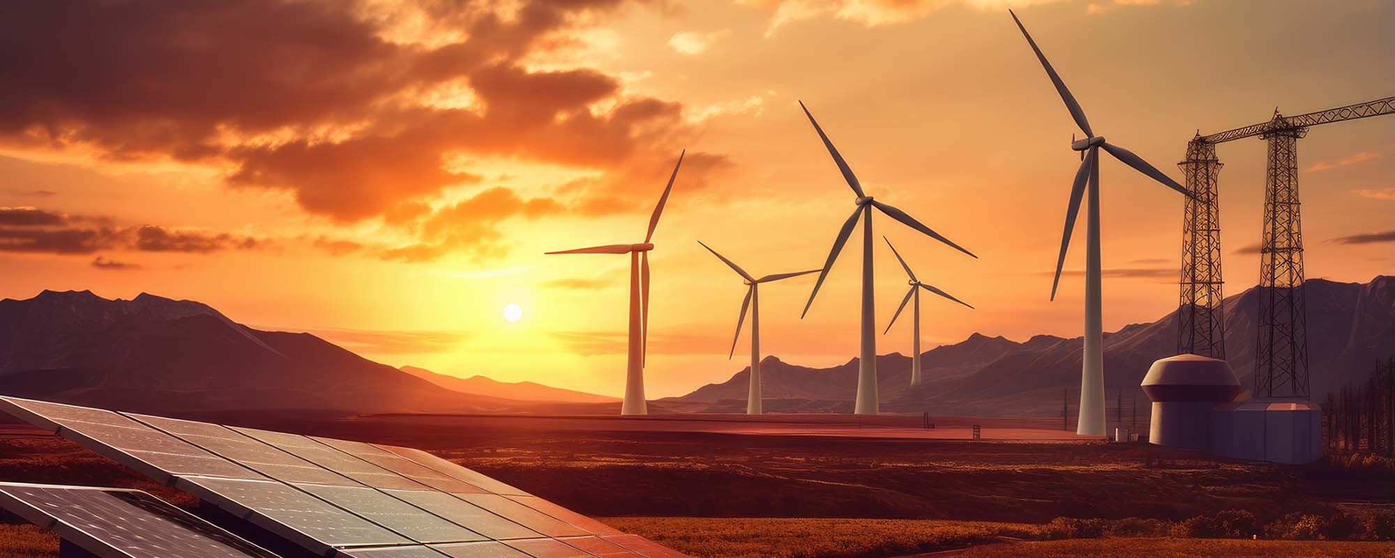 solar panels and windmills with sunset