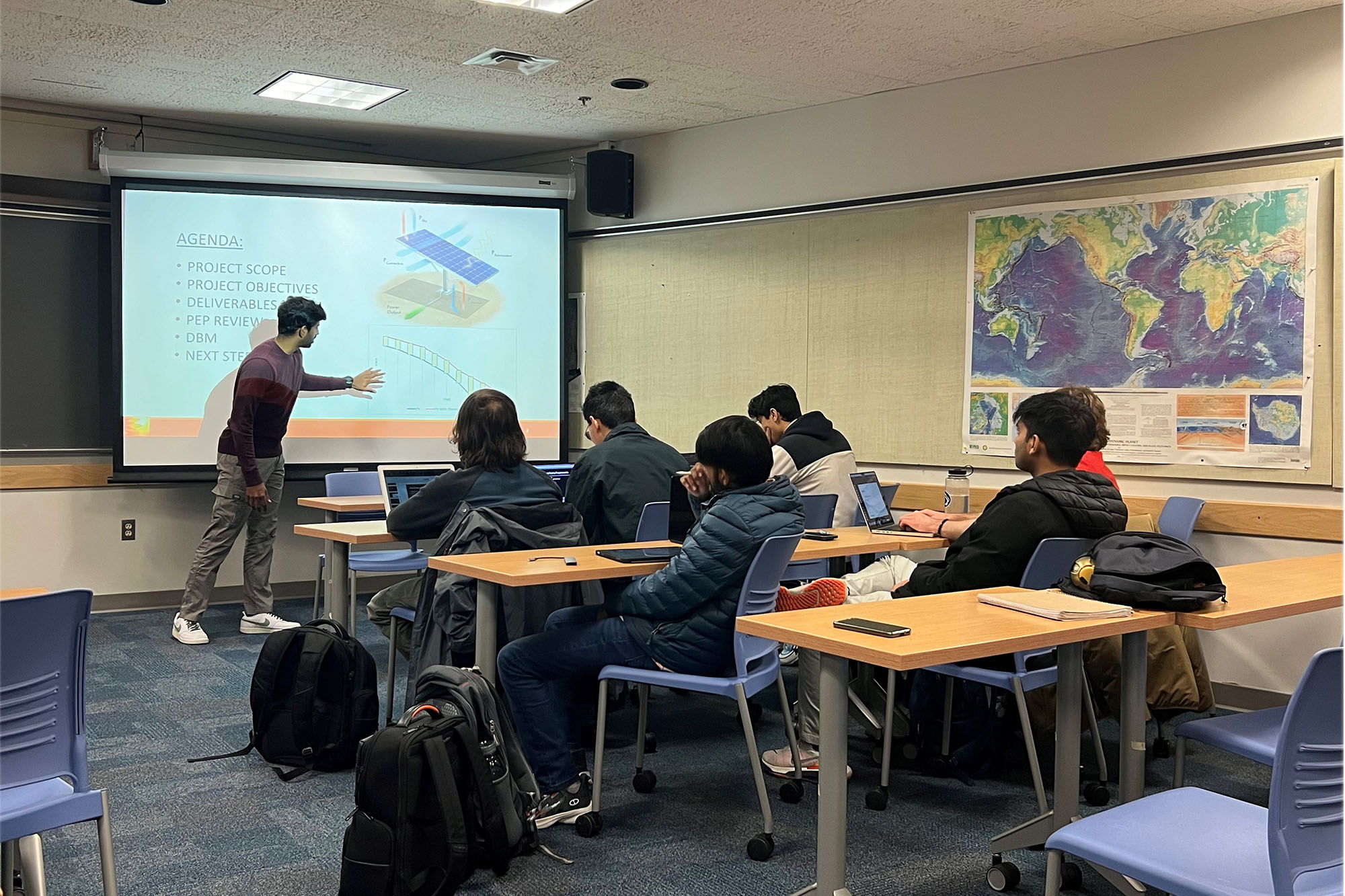 M.Eng. student Keerthivasan Muthukumaran gives a preliminary presentation on his team’s immersive final project on PV thermal management
