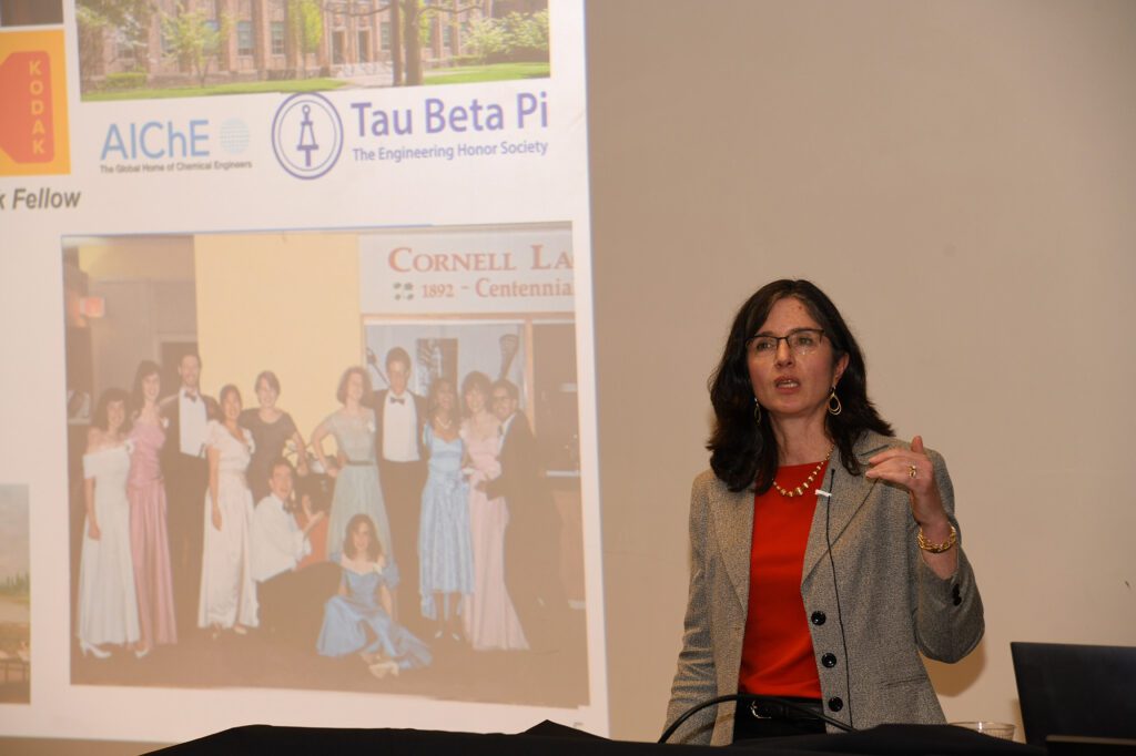 Kathleen Vaeth gives Thorpe lecture to students in Olin Hall.