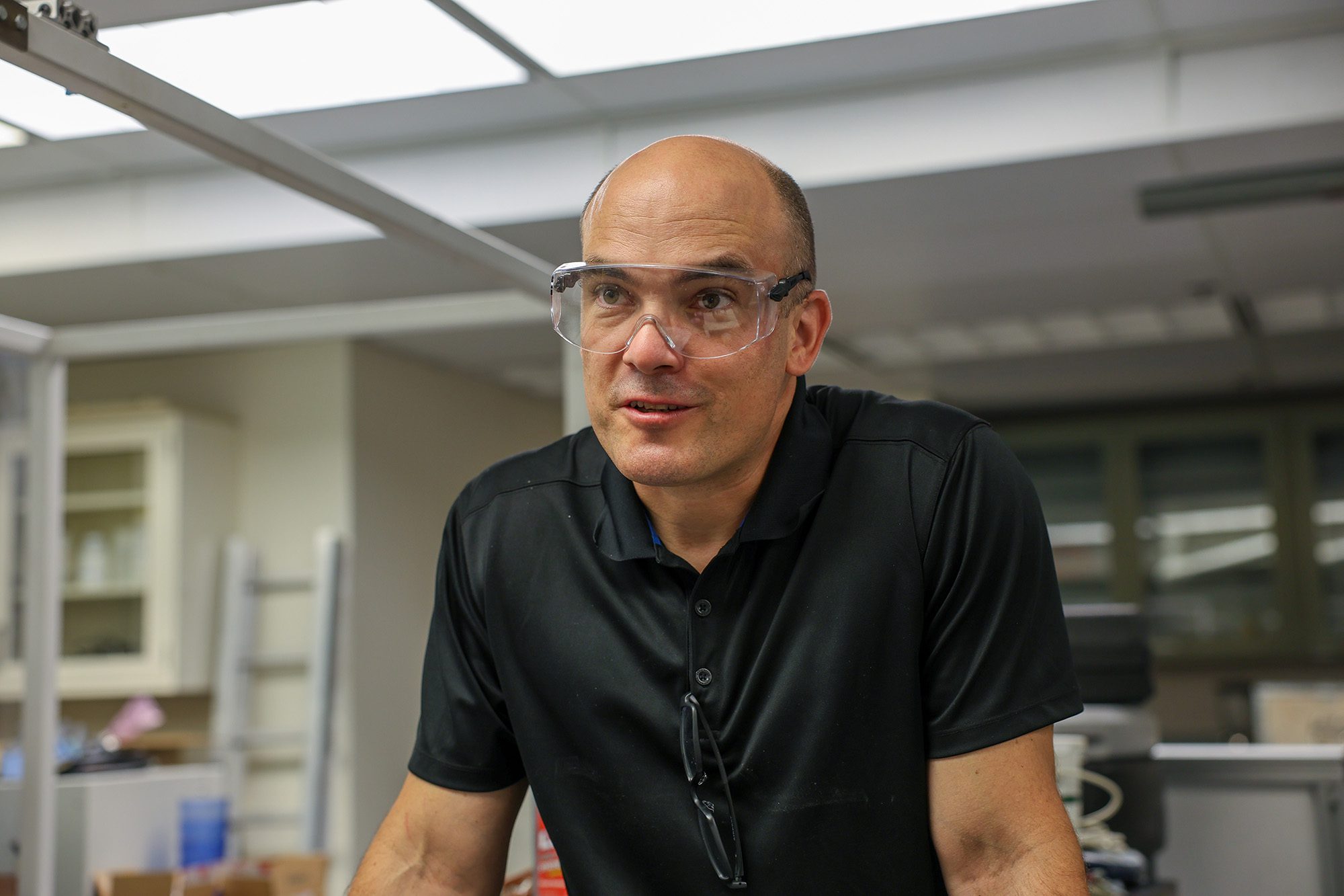 Tobias Hanrath in lab wearing safety glasses.