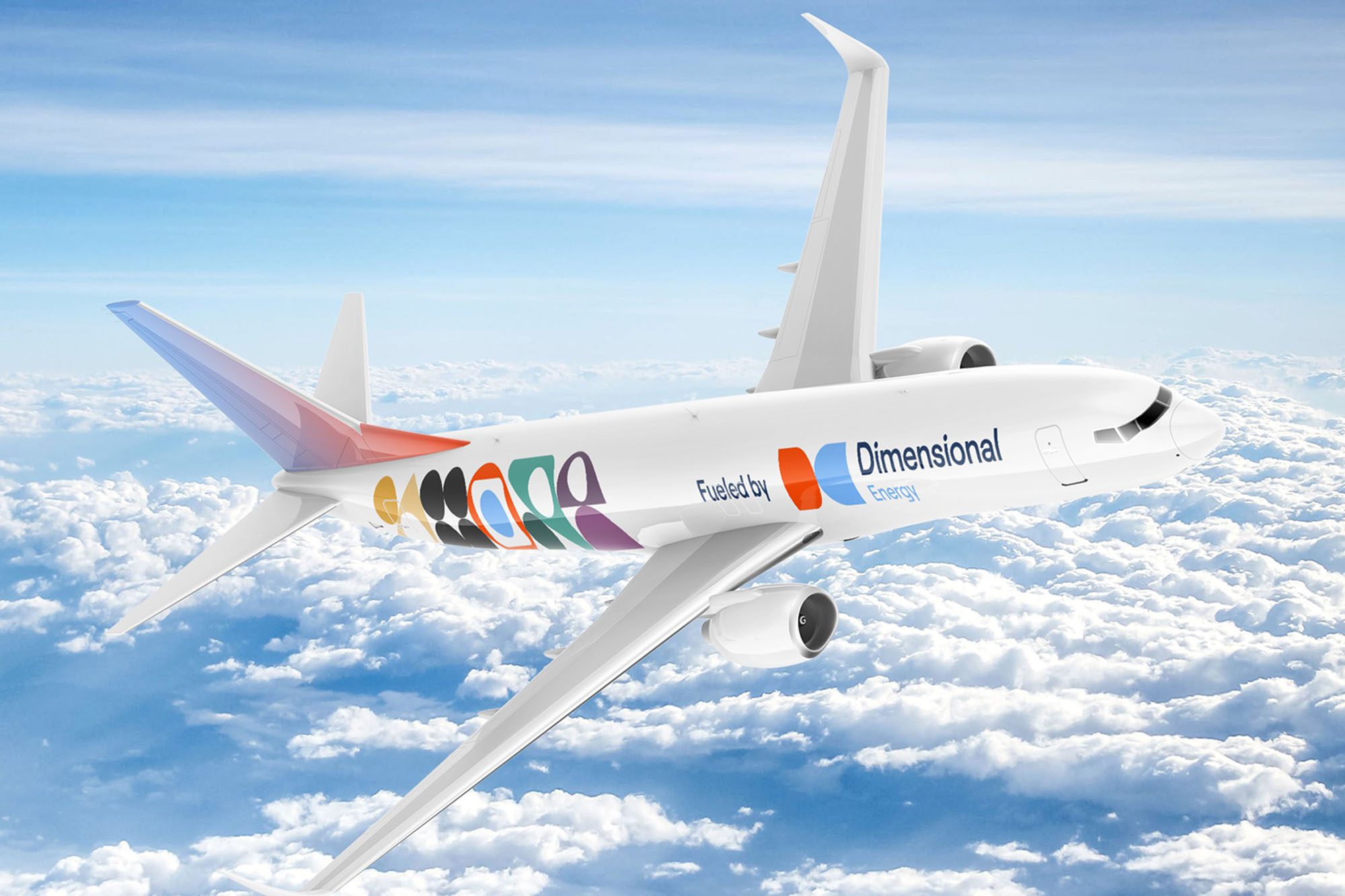 A commercial jet branded with a Dimensional Energy logo in the sky with clouds below.