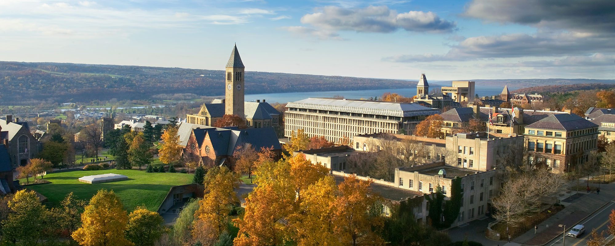 Cornell campus from above overlooking Cayuga Lake.