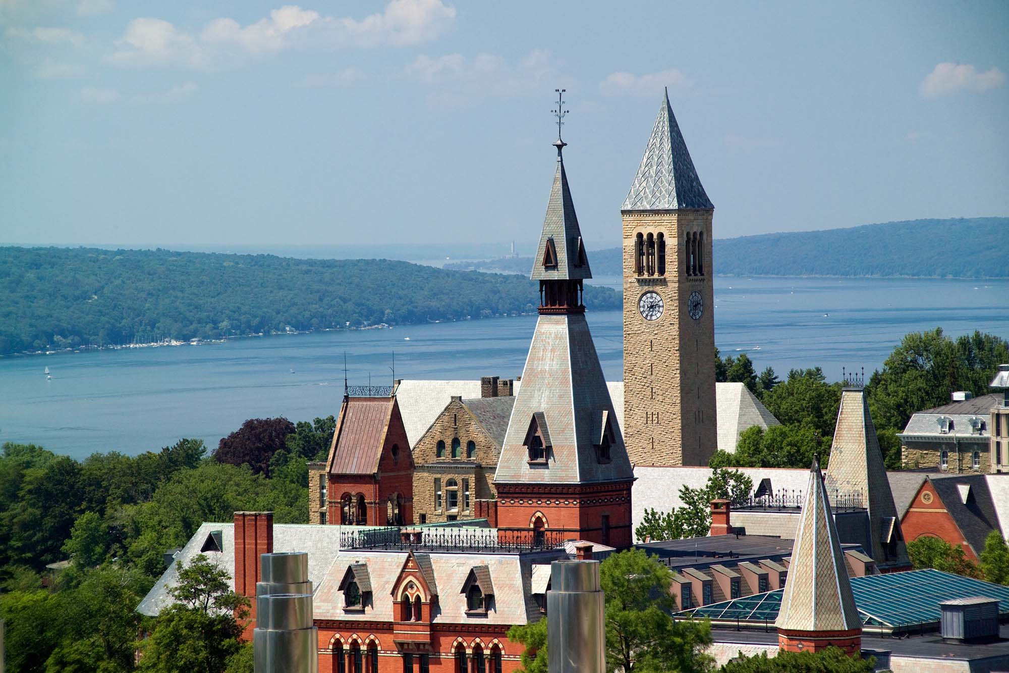 Cornell campus from above overlooking Cayuga Lake.