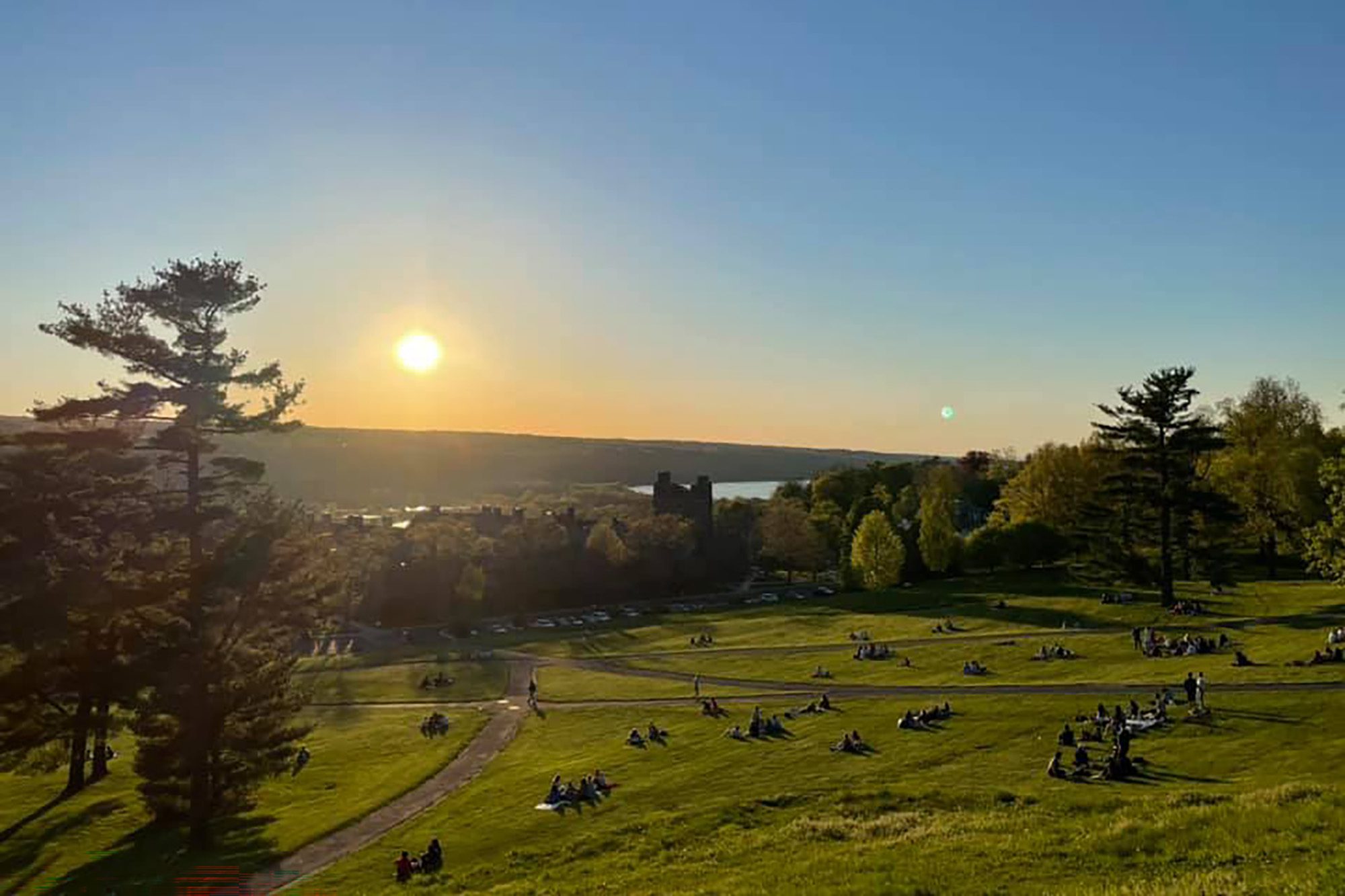 Libe slope at sunset overlooking Cayuga Lake.