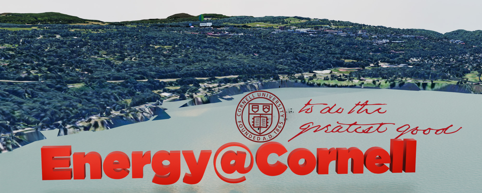 Cornell Energy Transition Initiative header image - Cayuga Lake and surrounding hills with Energy @ Cornell, Cornell Seal, and 