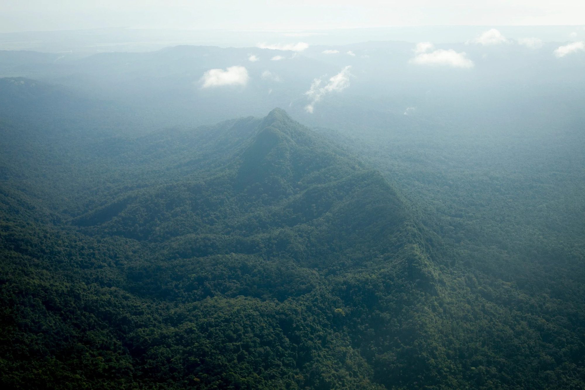 Aerial view of mountains and jungle in Belize
