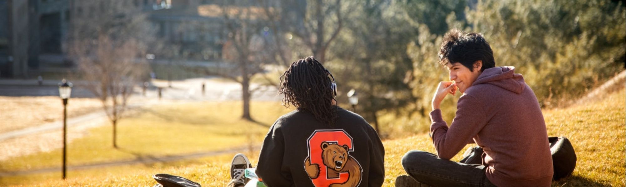 Students sitting on Libe Slope overlooking campus below.