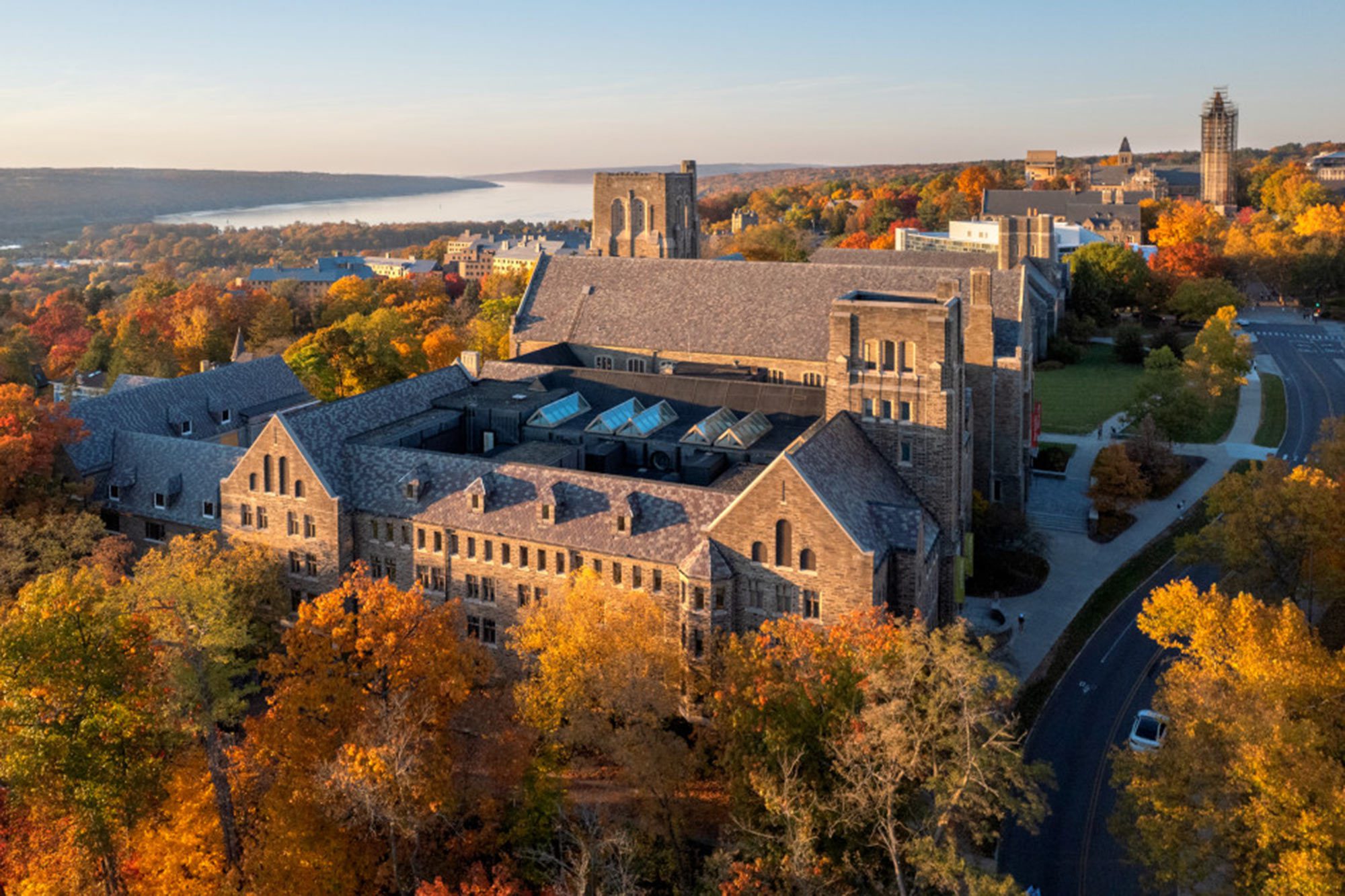 Areal view of buildings on Cornell Campus during fall