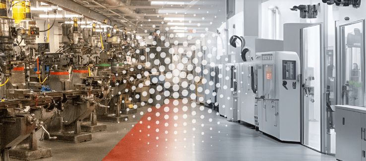 AI-created image showing the current machine shop in Upson Hall on the left morphing into the imagined Manufacturing Learning Studio of the future on the right right.