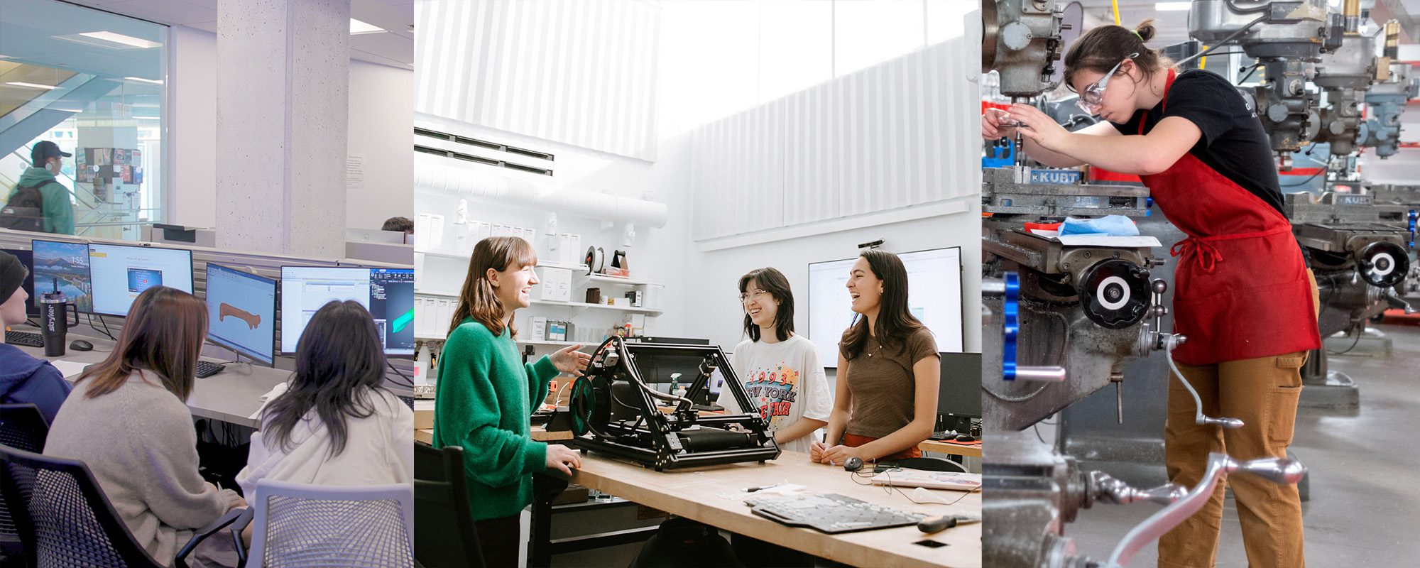 People at computers in Swanson Lab, 3 students smiling in RPL lab, student working on a machine in Emerson Manufacturing Teaching Lab 