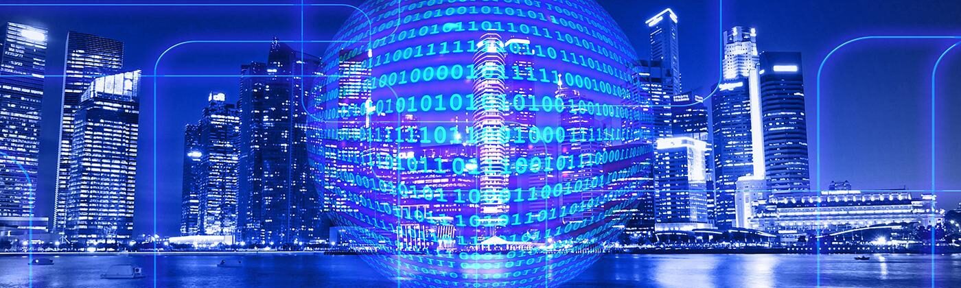 City skyline at night with a glowing orb of zeros and ones superimposed.