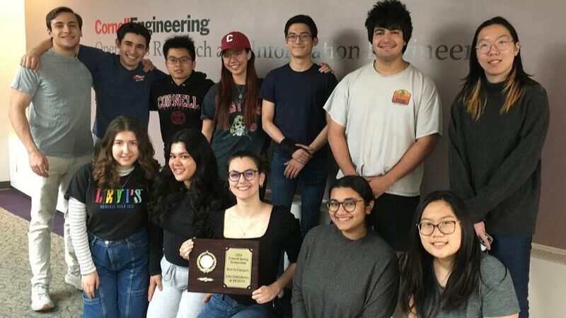 Winning team of ORIE undergrads pose with the Cornell Undergraduate Research Board Spring 2024 Engineering and Design Prize.