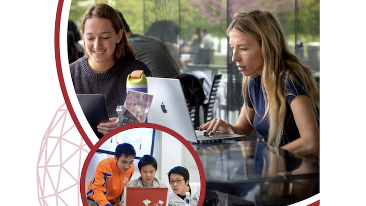 Two overlapping circular images of small groups of students at laptops