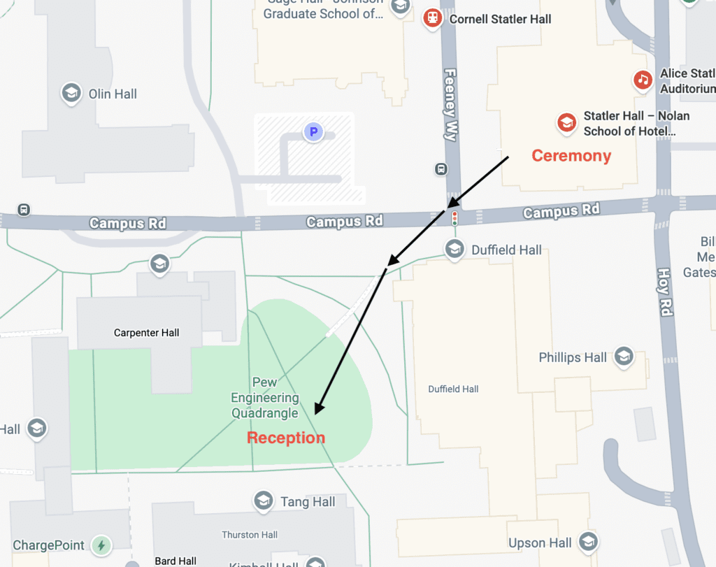Map showing the walking route from Statler Hall to the Pew Engineering Quad.