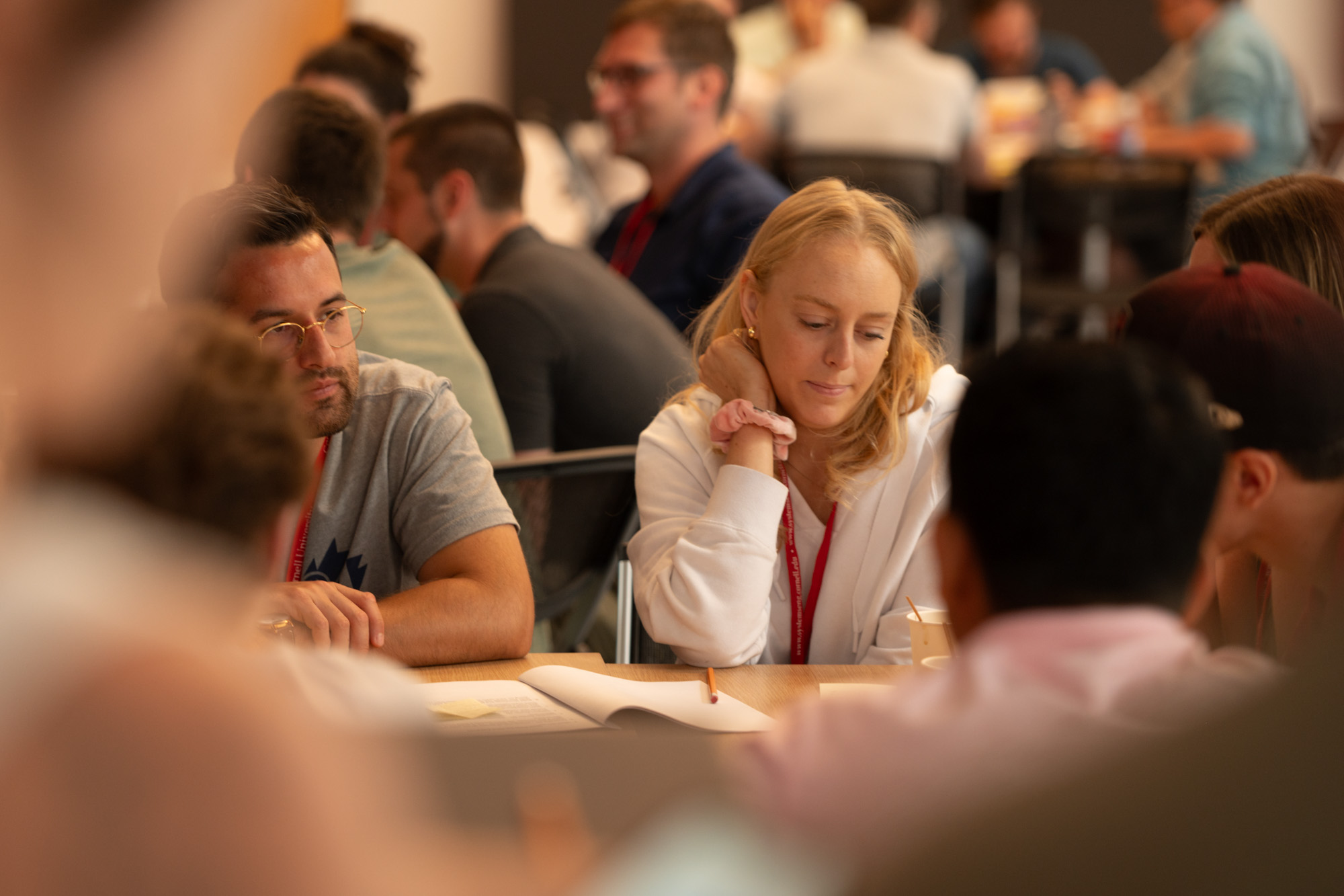 Distance learning students work in small groups around tables during SYSEN 5940