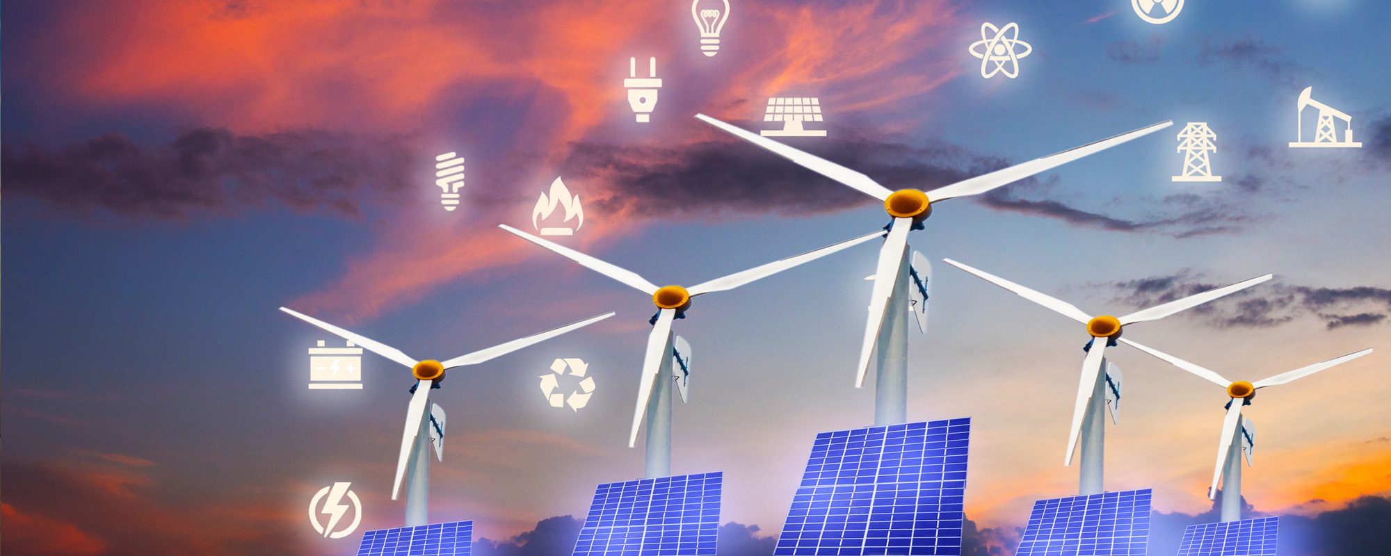 composite stock image of solar panels, wind turbines, and energy icons shown against a sunset sky.