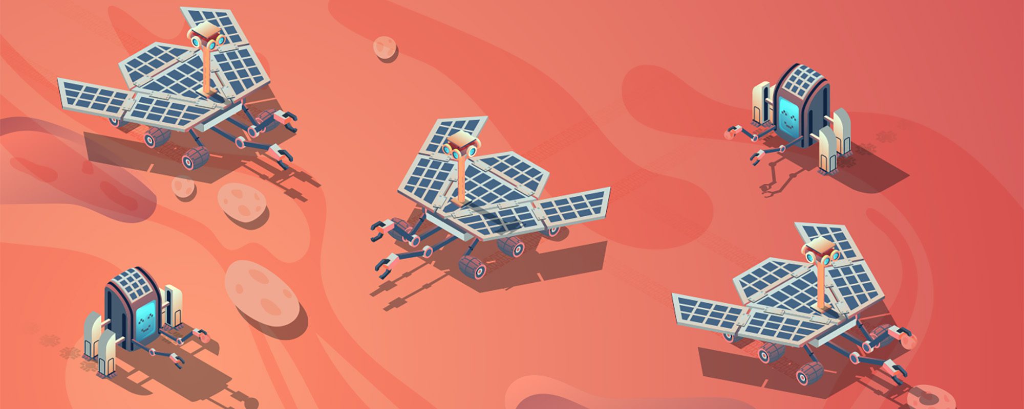 illustration showing bug-like robots powered by solar panel wings on the surface of what could be a red planet.