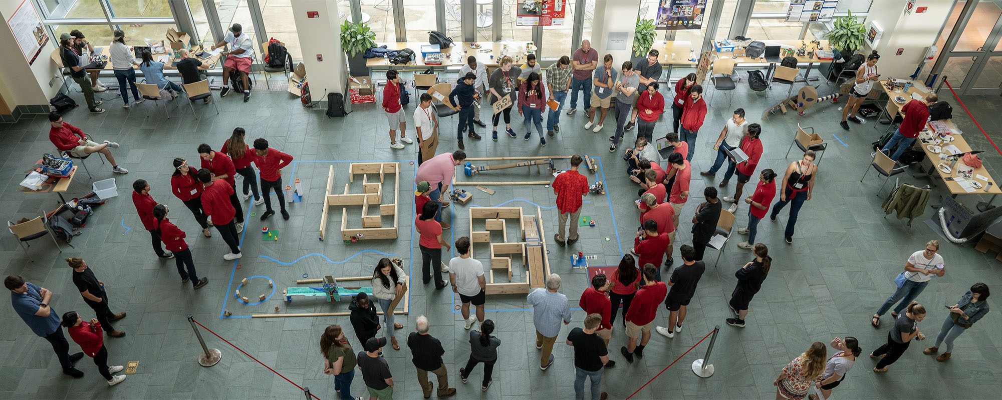 Arial view of students standing in Duffield Atrium