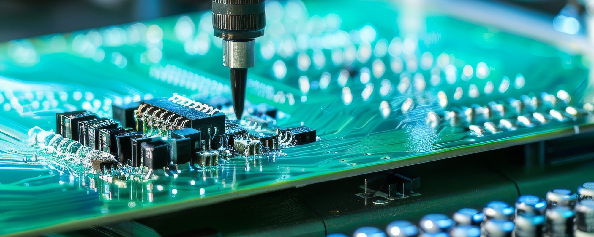 A pointed tool is poised above a chip on a circuit board.