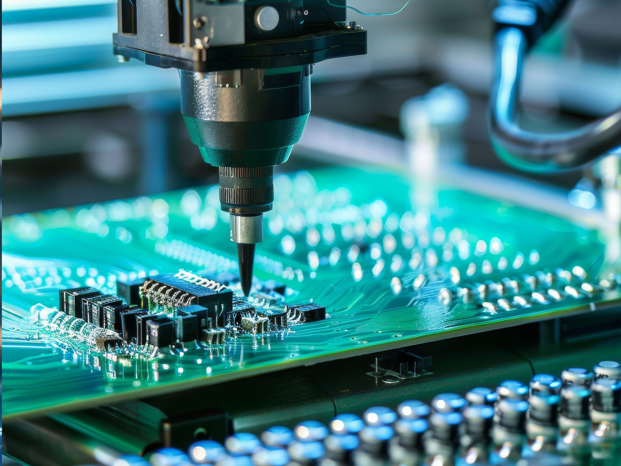 Image of a pointed too, perhaps a soldering tool, on a circuit board