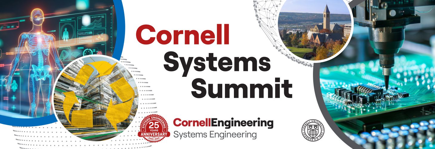 Illustrations depicting health systems, sustainability, semiconductor manufacturing systems, and an aerial photo of Cornell University with the text 