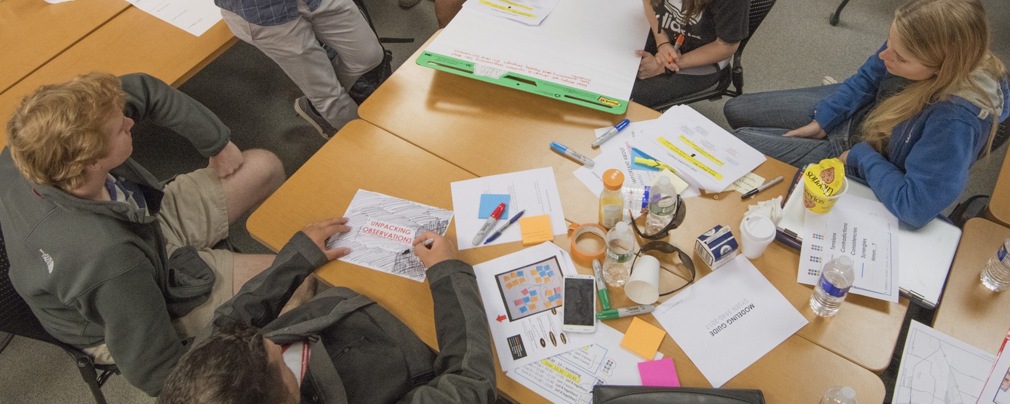 People sit at a table coverd with papers, markers, and post-it notes.