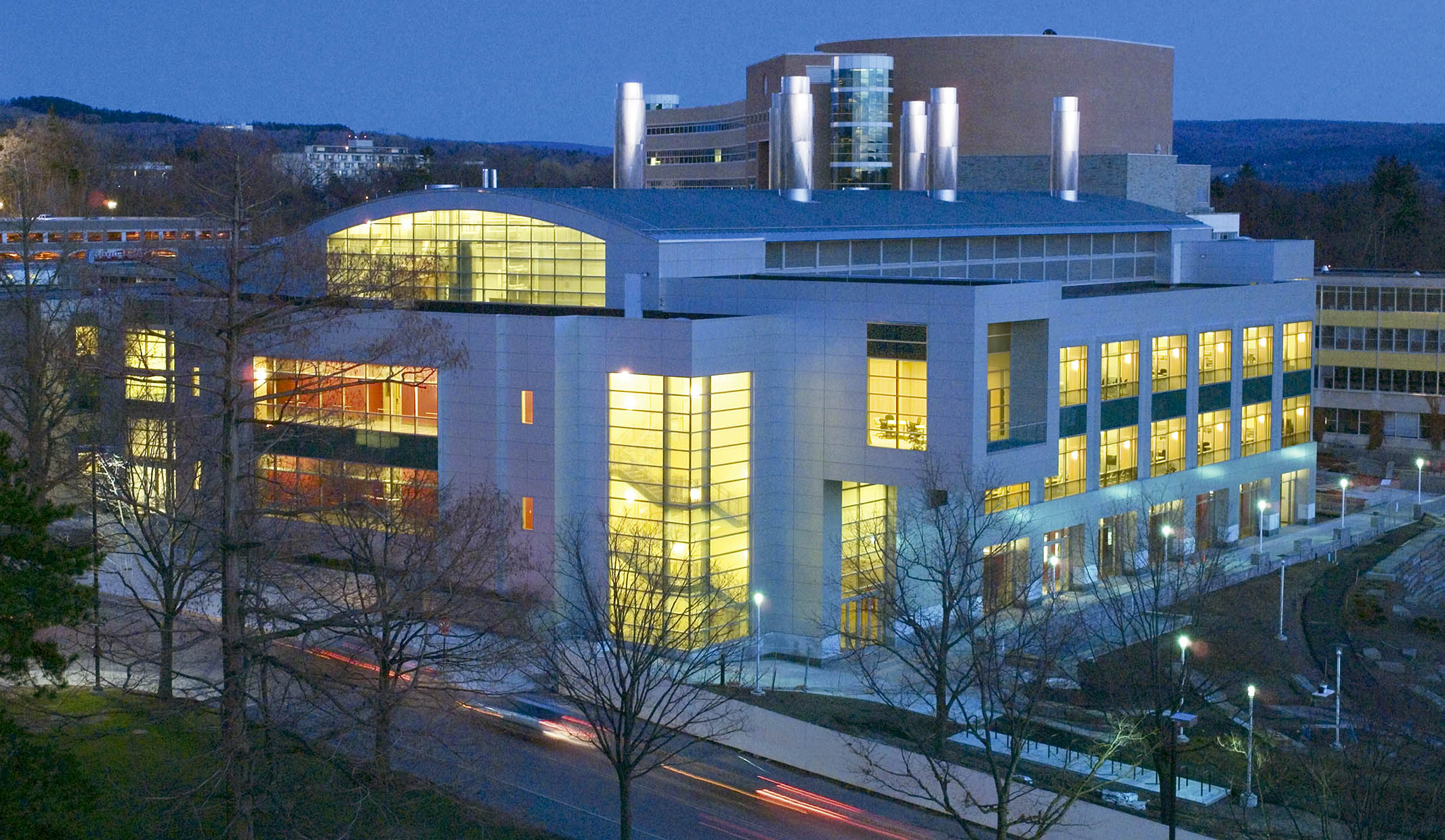 Duffield Hall at tiwlight.