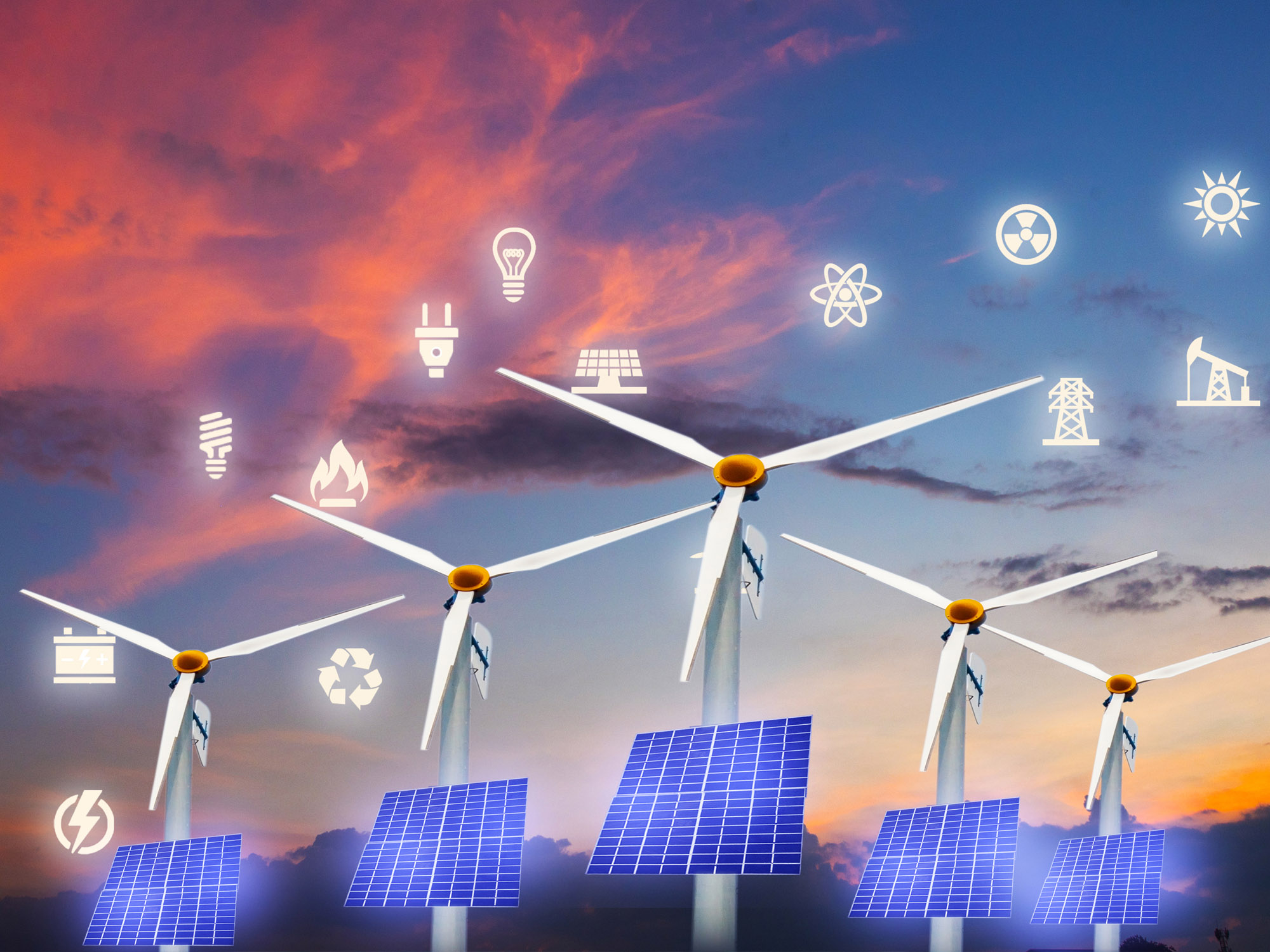 windmills, solar panels, and icons that represent various energy sources and uses.
