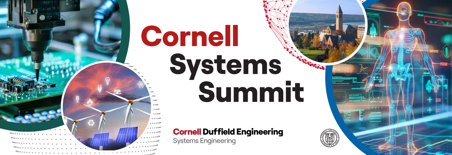 Illustrations depicting energy systems, semiconductor manufacturing systems, health systems, and an aerial photo of Cornell University with the text 