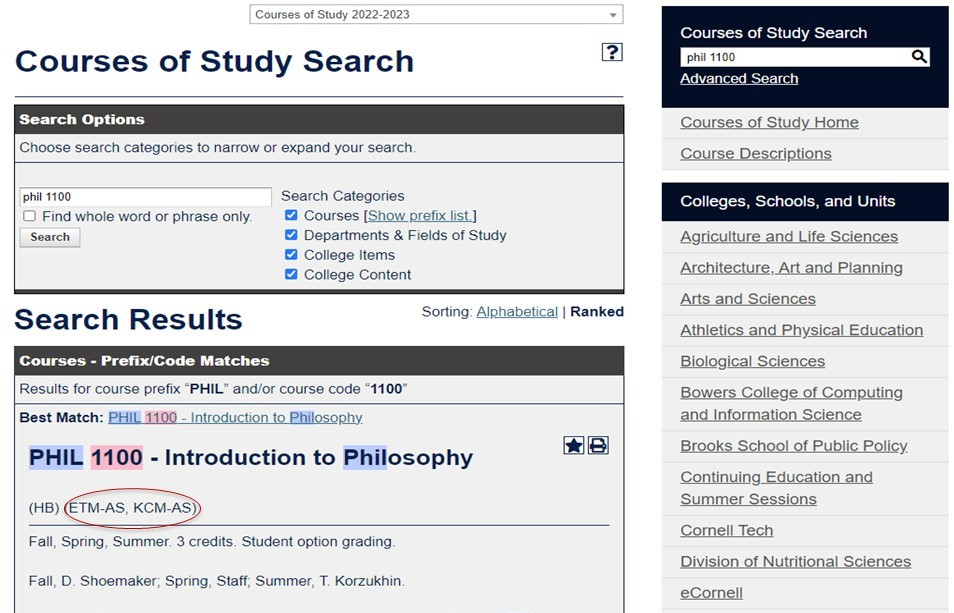 Screenshot of Courses of Study search options and results page. Described under the link titled Courses of Study Search image long description