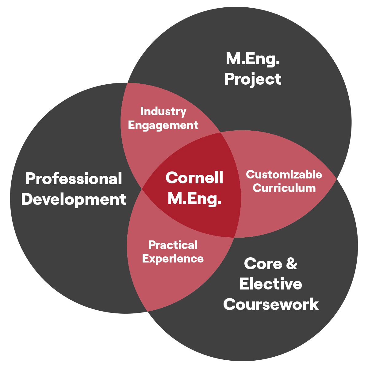 The M.Eng. experience, as a Venn diagram. The M.Eng. degree is composed of three components: 1. The M.Eng. Project 2. Professional Development 3. Core and Elective Coursework Embedded into the program are opportunities for industry engagement opportunities, practical experience, and a customizable curriculum.