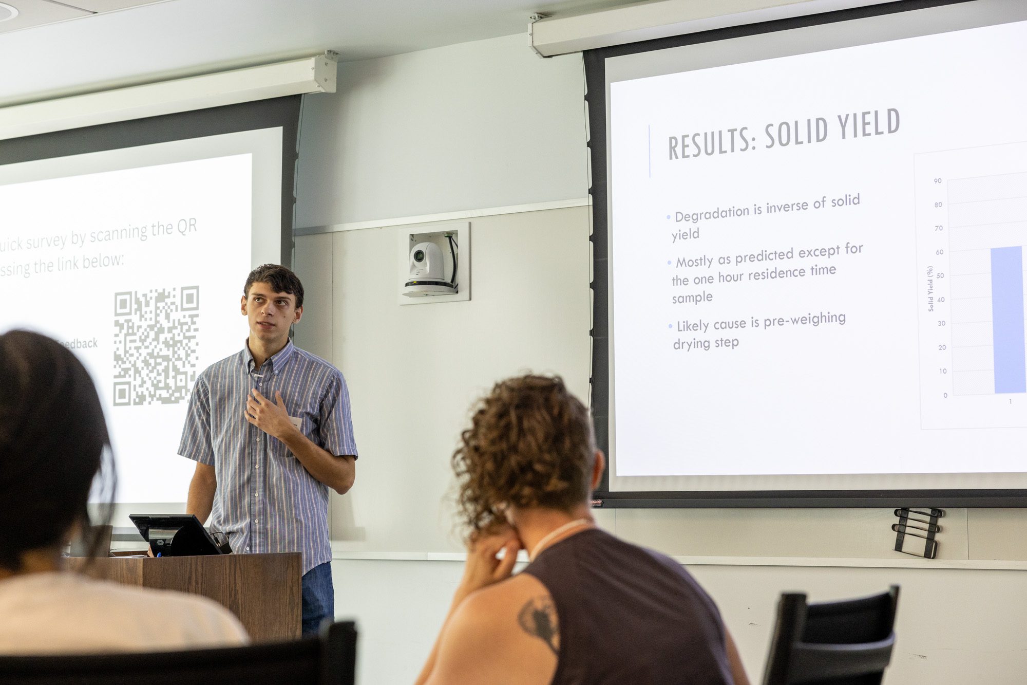 An undergraduate student gives a research presentation