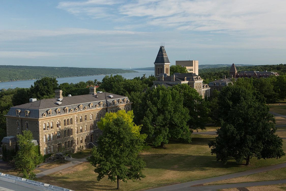 Cornell University Arts Quad with Cayuga Lake in distance