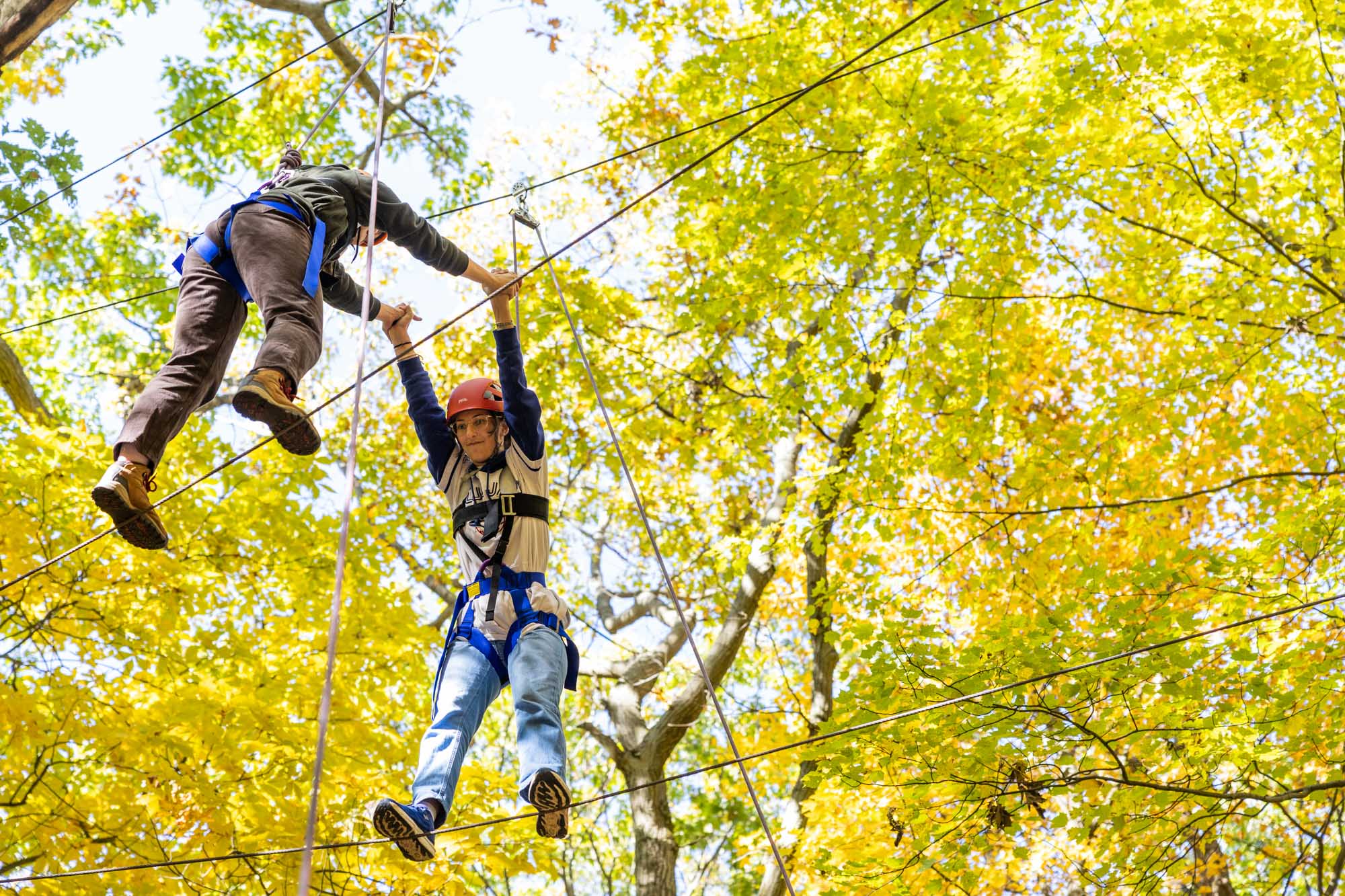 Students wearing helmets hang suspended on ropes in woods