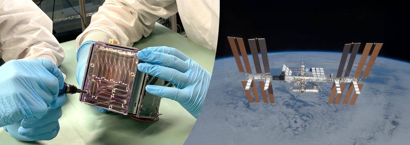 hands solder a cubed spacecraft, to the right a satellite orbits earth