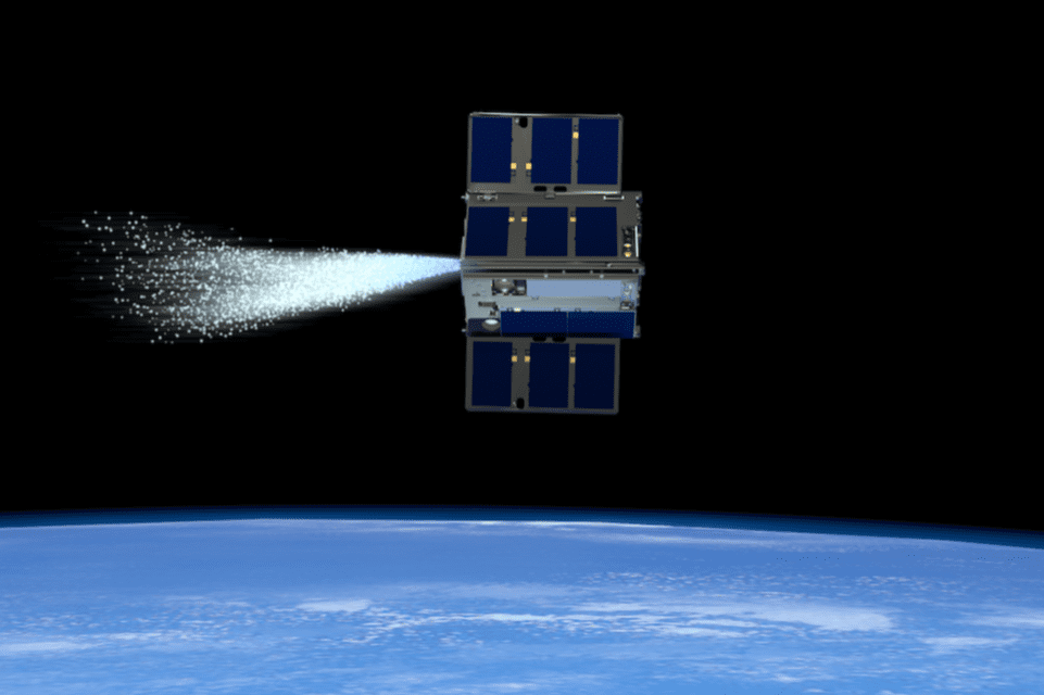 drawing of a satellite being propelled in space.