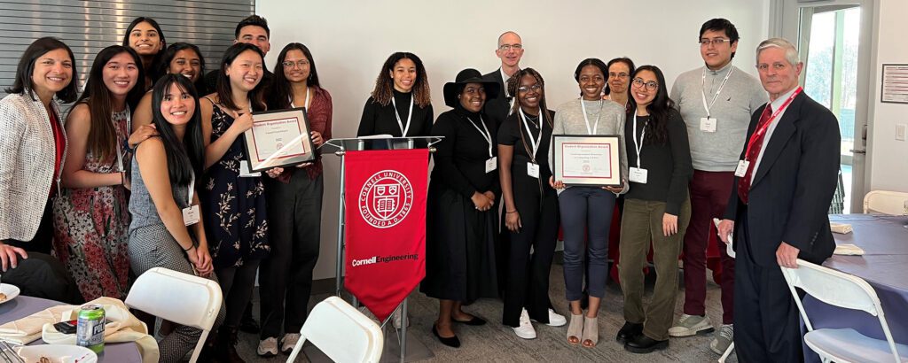 Students pose with award certificates from Cornell Engineering Alumni Association.
