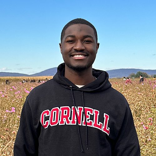 Male student wearing a Cornell hoodie outside in a field with blue skies