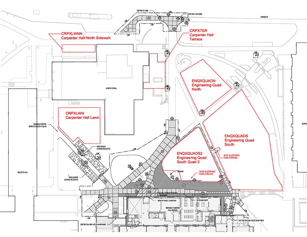 The Pew Engineering Quadrangle at Cornell University offers several reservable outdoor spaces surrounded by key engineering buildings. Starting in the northwest, Olin Lawn is a large green space near Olin Hall. To the south is the Carpenter Hall North Sidewalk space, and on the southwest side is the Carpenter Hall Lawn, adjacent to Carpenter Hall, with the Carpenter Terrace nearby as a paved area suitable for gatherings. In the central part of the quadrangle are, Engineering Quad North, Engineering Quad South and Engineering Quad South 2, three green areas divided by intersecting paths. Lastly, on the southeast side is Upson Lawn, a rectangular lawn near Upson Hall. These spaces provide ample room for events and gatherings within a scenic, campus environment.
