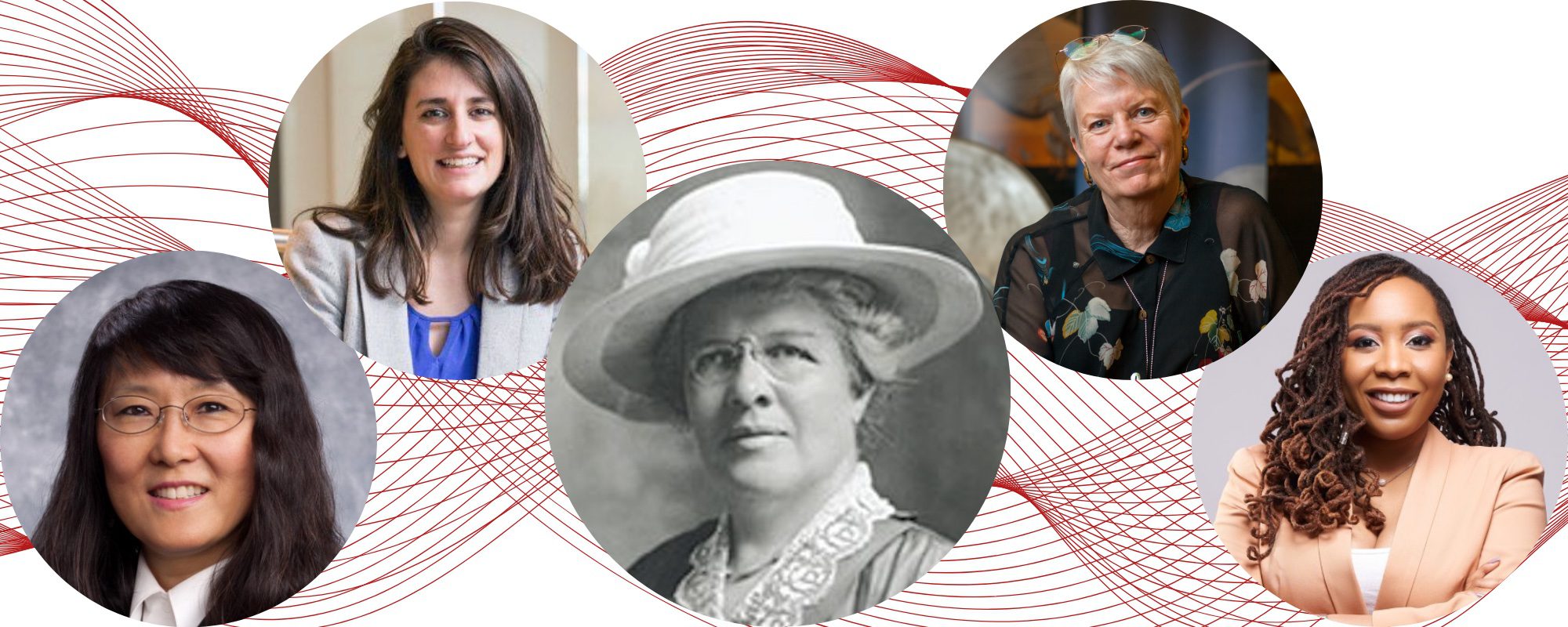 An illustration featuring headshots of four women from different eras and from different backgrounds set against the backdrop of a design featuring wavy red lines.