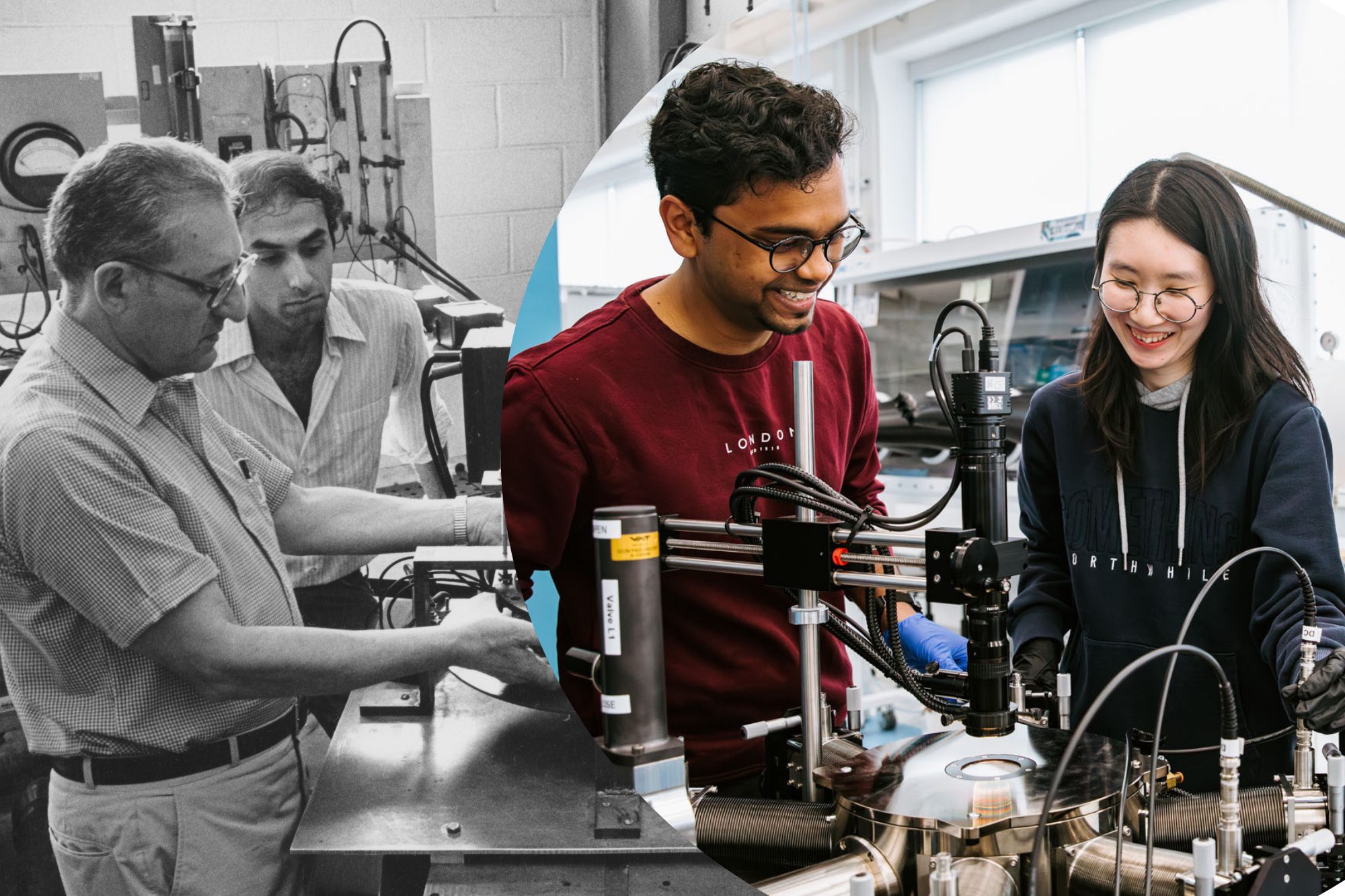 A historical image of people working in an engineering lab and a current photo of students working in a modern engineering lab