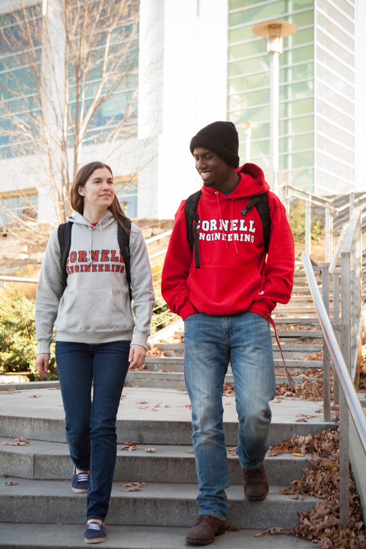 Students in Cornell apparel on the Engineering Quad.