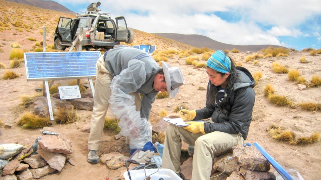 two students gathering samples in a desert location